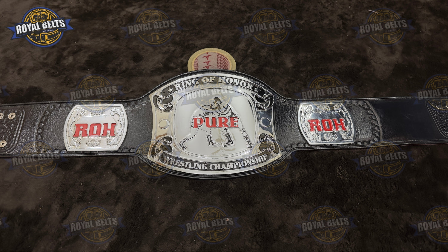 ROH Pure Wrestling Title Belt layered metal plates with etched ROH logos and smooth edges Made by Royal Belts