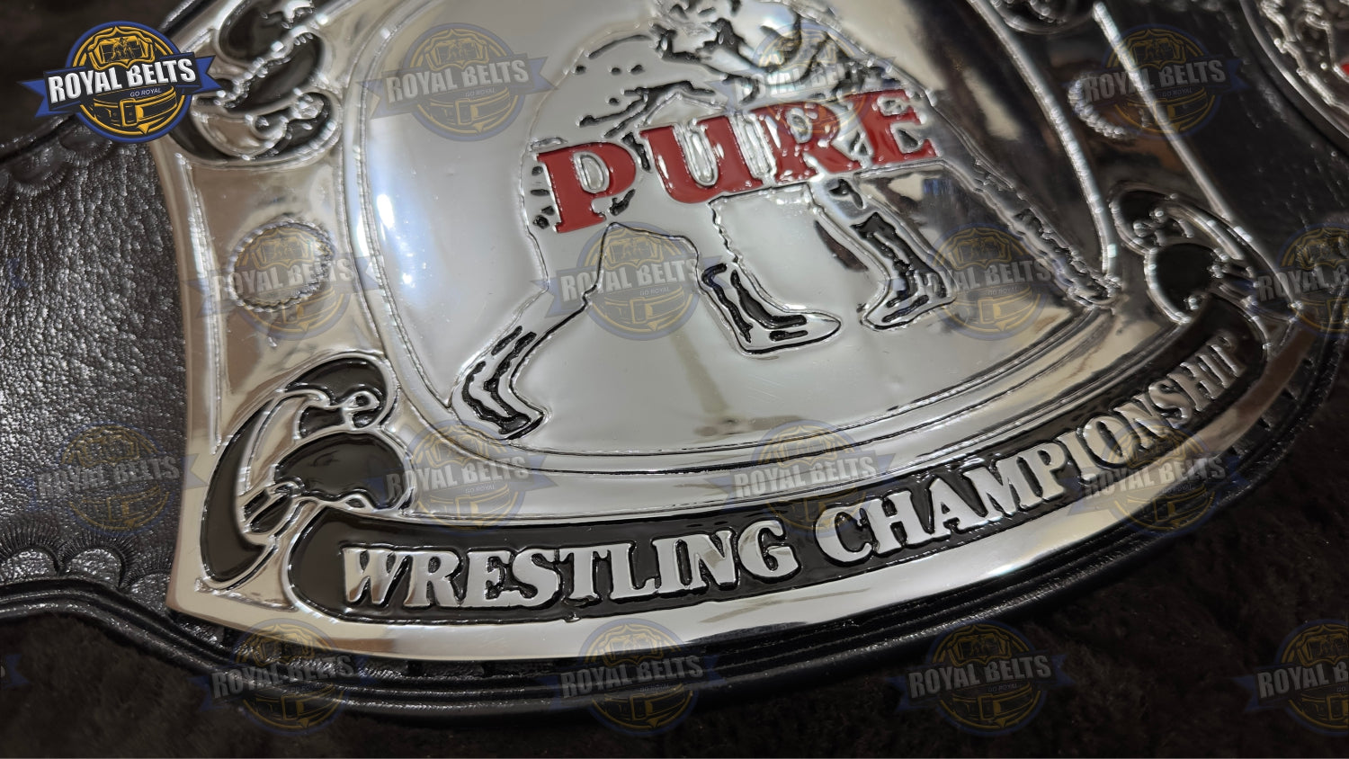 ROH Pure Championship Wrestling Belt multi layered metal plates with stitched black leather backing