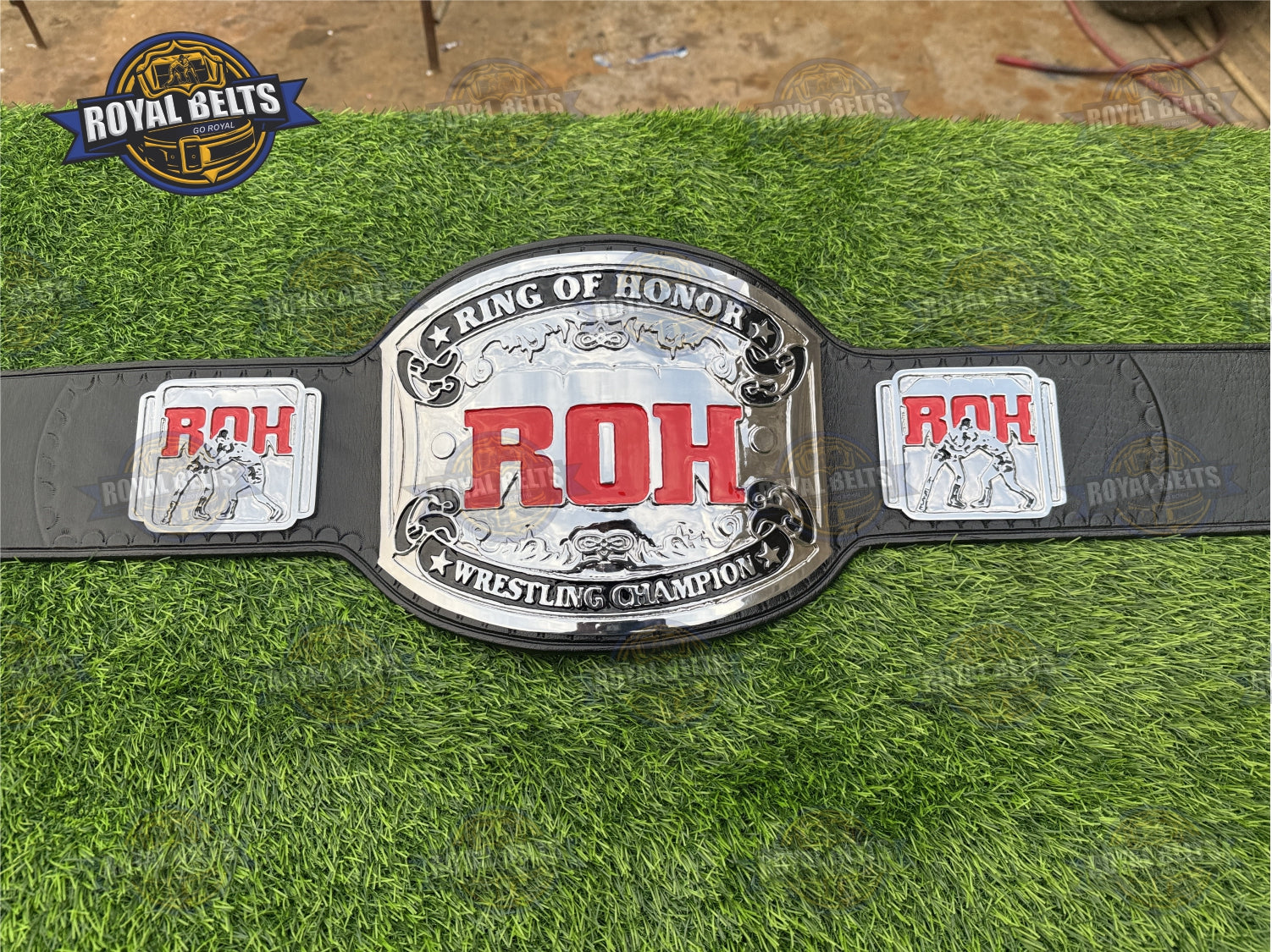 ROH Ring Of Honor Championship Title Belt HD CNC silver center plate with black leather strap and snap closure Crafted by Royal Belts