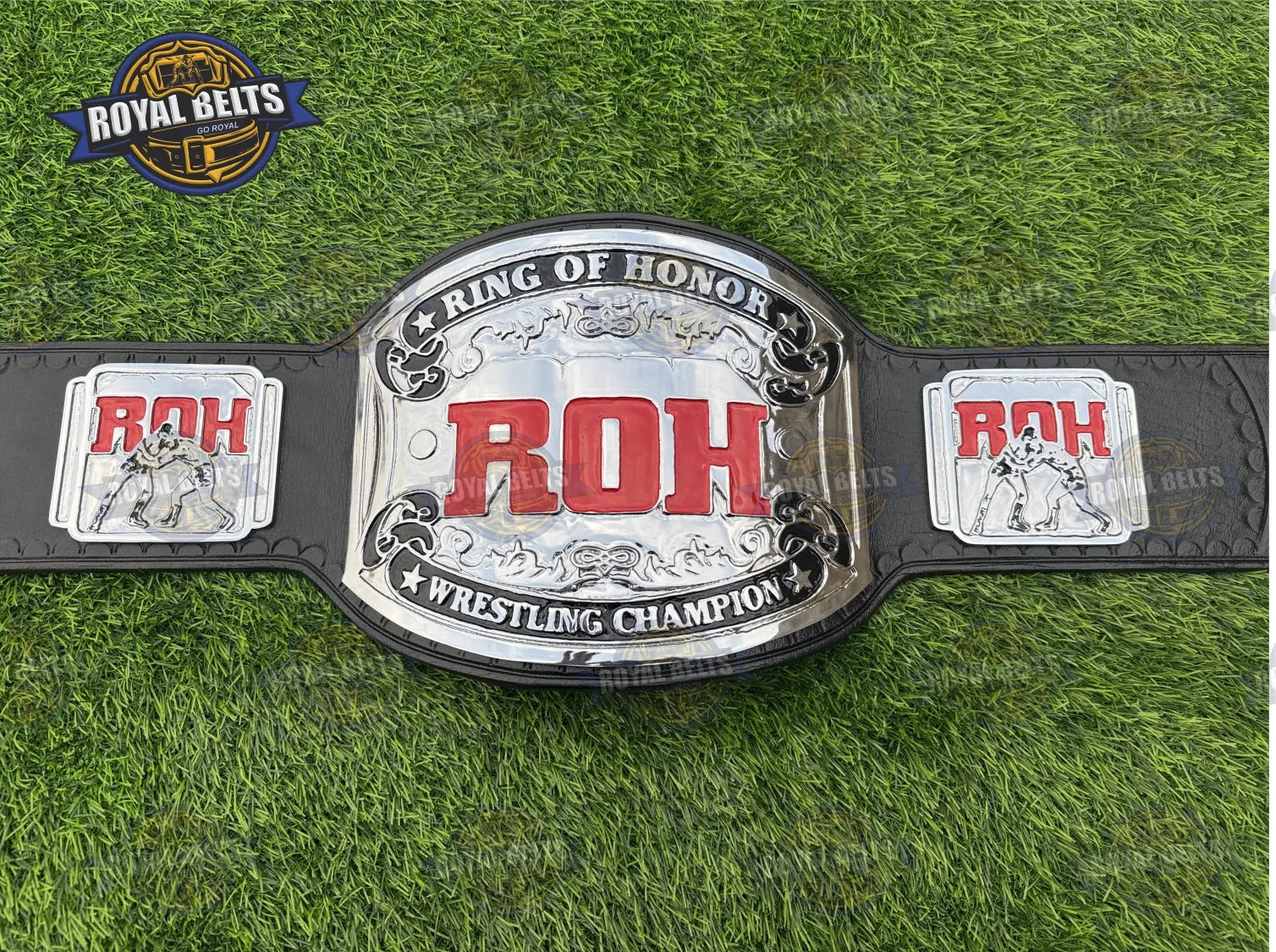 ROH Ring Of Honor Championship Title Belt HD CNC engraved ROH logo with premium stitched leather backing Crafted by Royal Belts