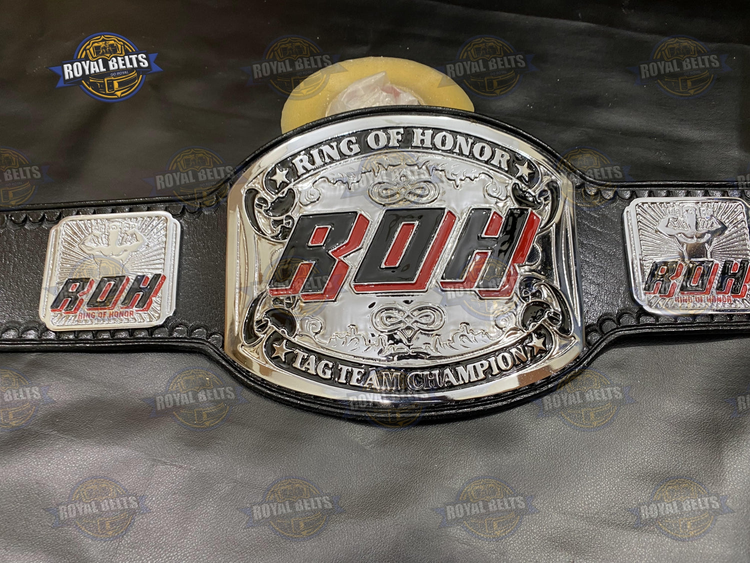 ROH Tag Team Wrestling Championship Title Belt dual plate HD engraving, polished zinc finish, leather strap Made by Royal Belts