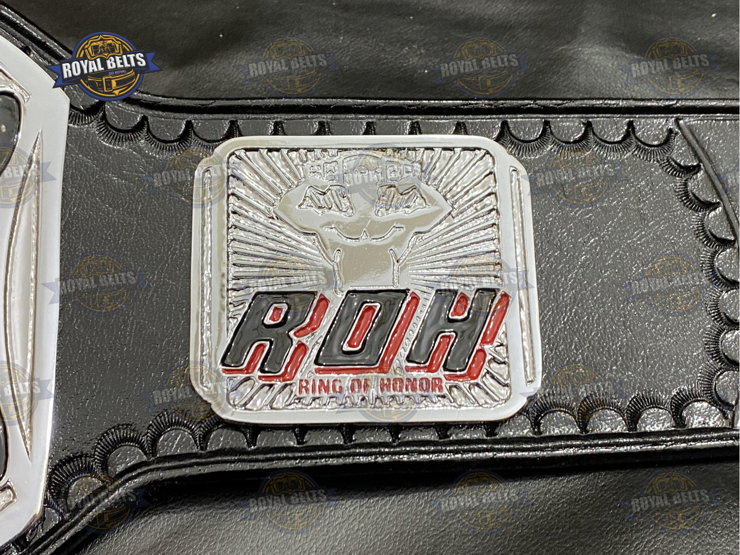 ROH Tag Team Championship Title Belt etched metal contours with raised borders and snap fasteners