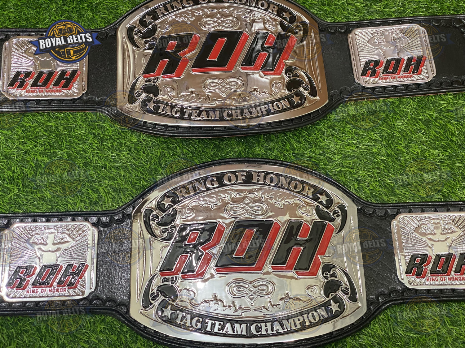 Ring of Honor ROH Tag Team Belt thick metal plates with detailed engraving and leather backing