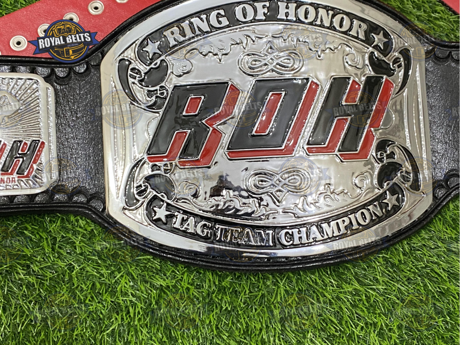ROH Tag Team Wrestling Belt CNC cut dual plates with sharp lines and polished finish, durable cowhide leather strap