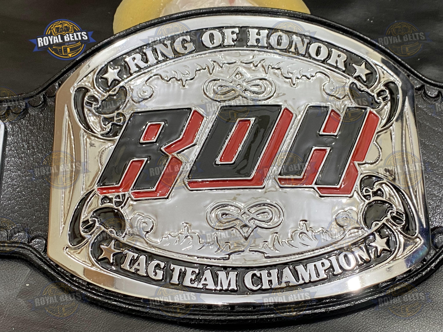 Ring of Honor Tag Team Championship Belt CNC cut center plates with mirrored polish and snap leather Made by Royal Belts