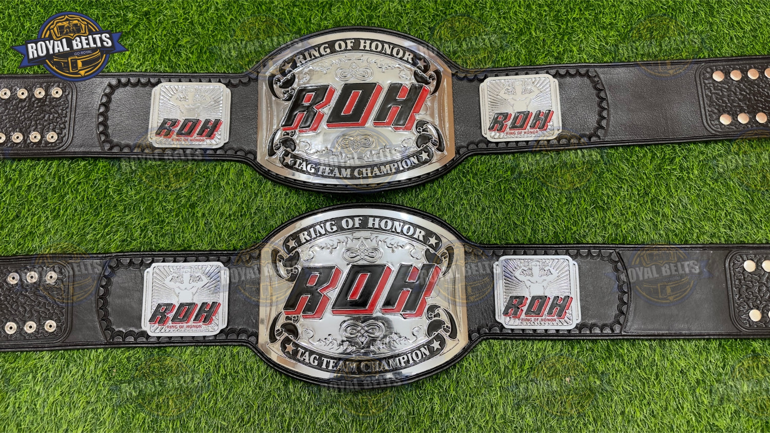 ROH Tag Team Title Belt stacked plate depth, etched logos, reinforced black leather backing Made by Royal Belts