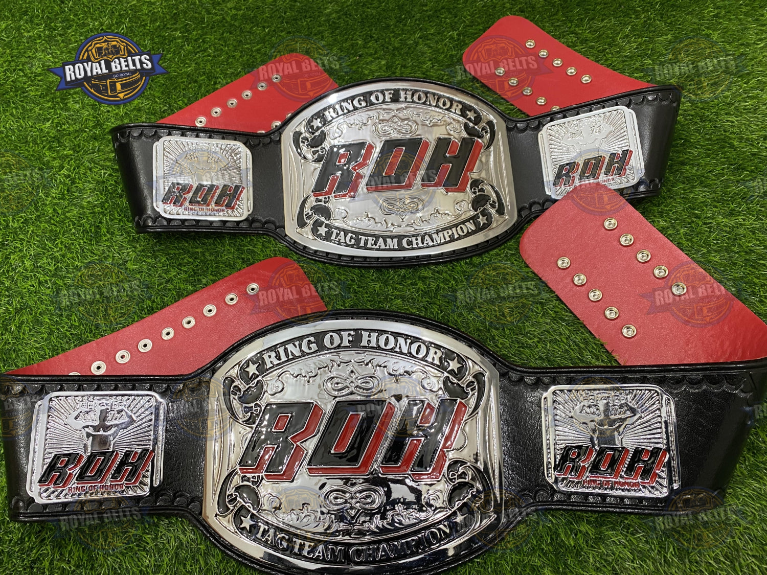 Ring of Honor Tag Team Championship Title Belt layered metal artwork with smooth stitched leather