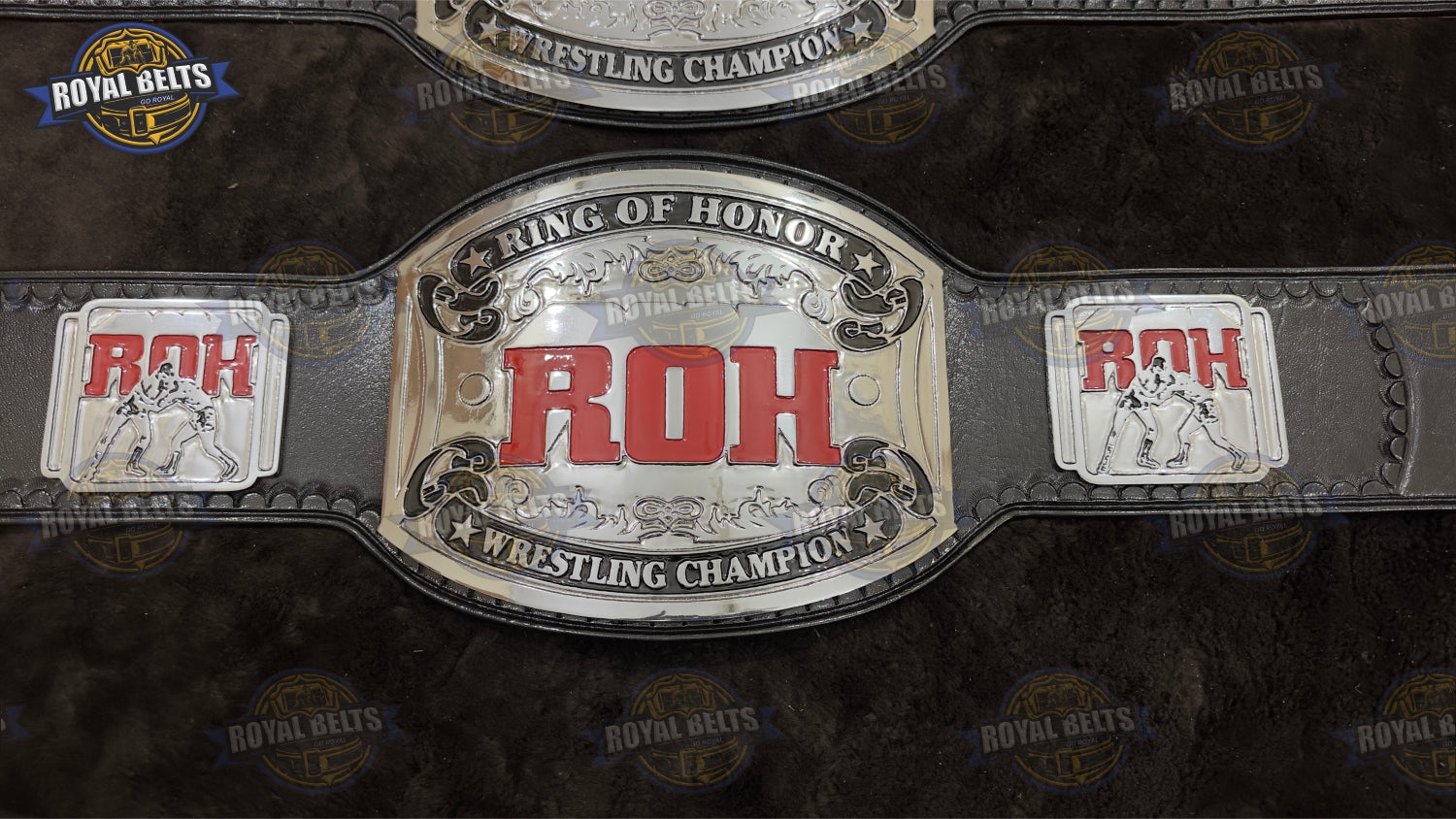 ROH World Wrestling Championship Title Belt polished metal center plate with black stitched leather strap Crafted by Royal Belts
