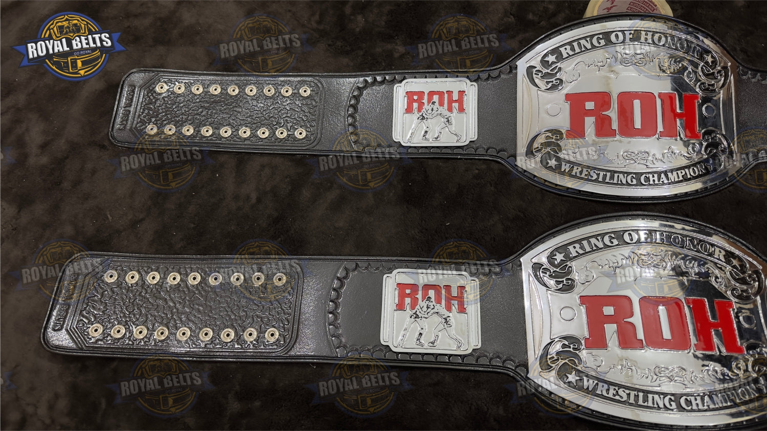 ROH Wrestling Title Belt layered metal plates with bold logo engraving and premium leather