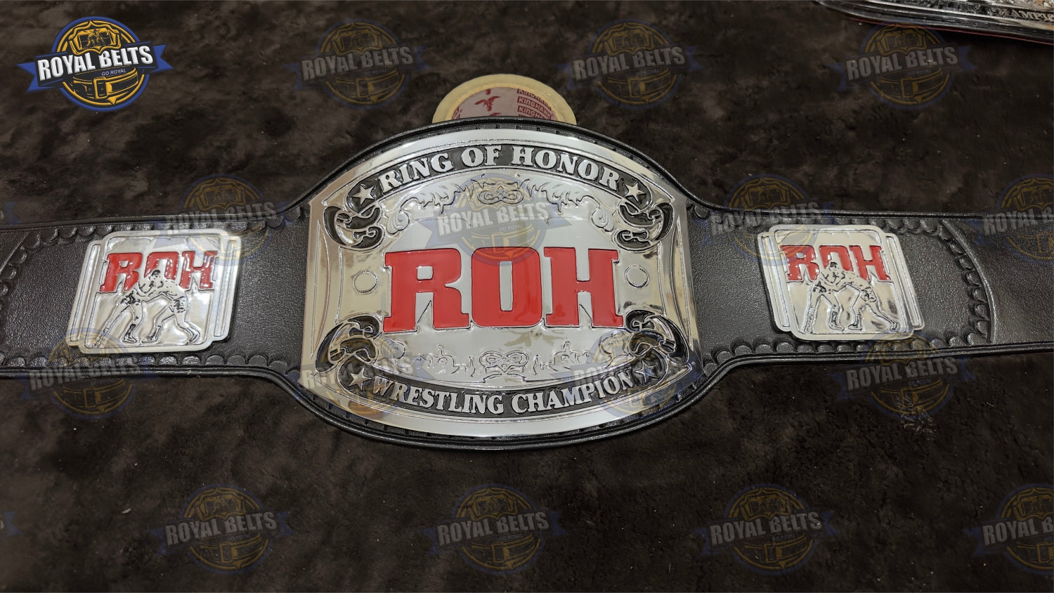 ROH Wrestling Title Belt thick center plate with etched ROH logo and detailed side plates Crafted by Royal Belts