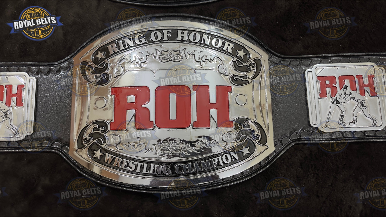 ROH World Wrestling Belt dual-tiered metal plates with high gloss polish and stitched leather