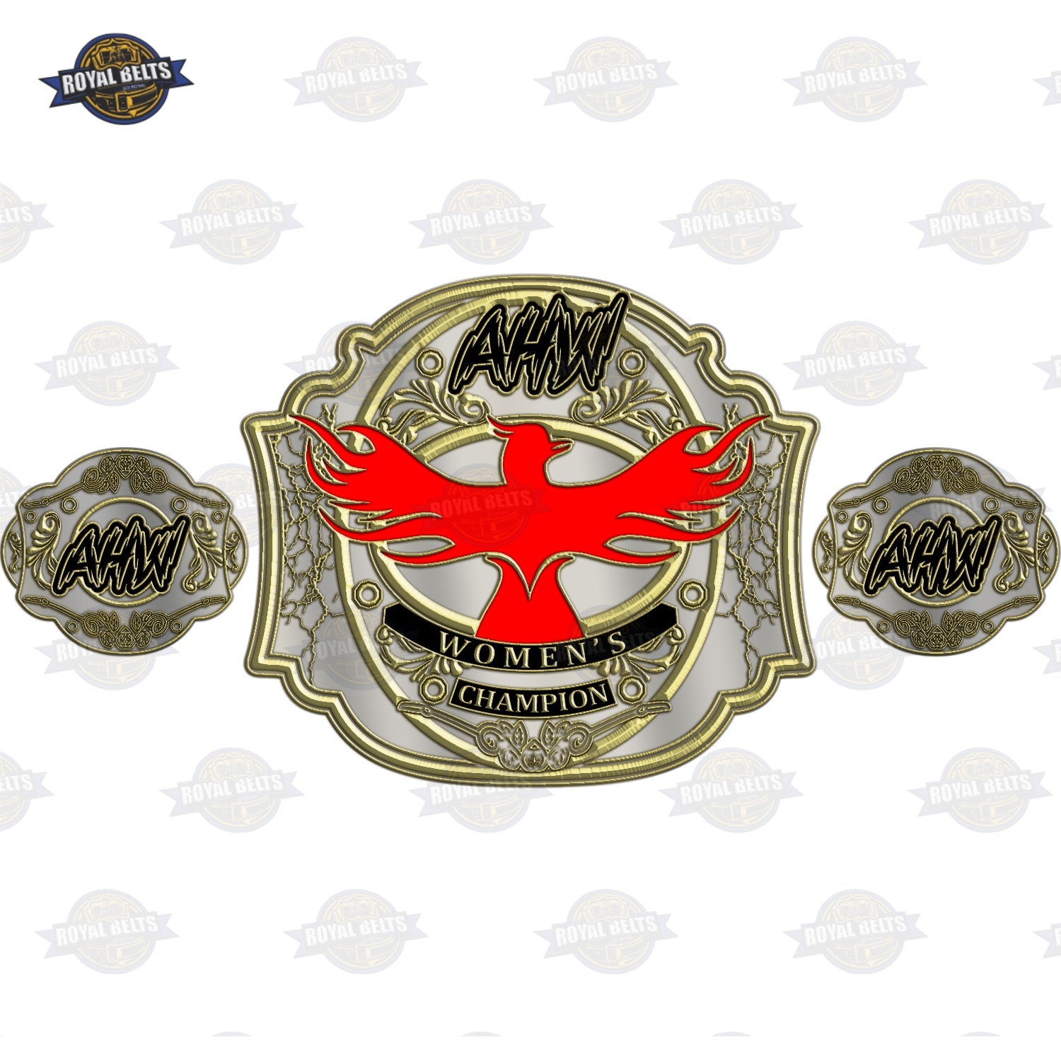Custom championship title belt design showing detailed side plates