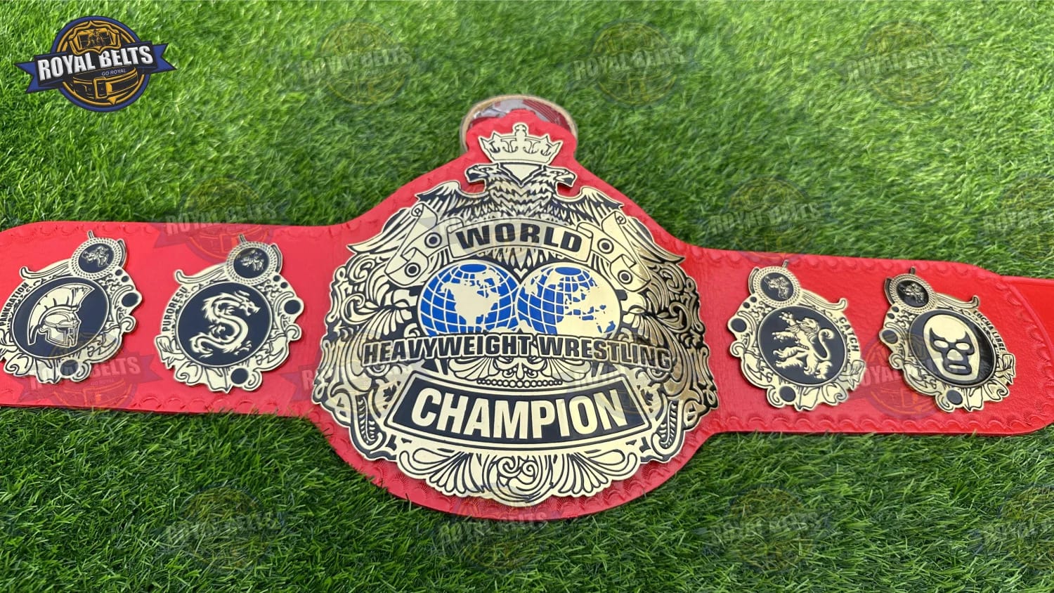 Red World Heavyweight championship belt with large gold center plate, red leather strap, snap closure Crafted by Royal Belts
