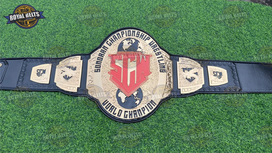 SCW Custom Championship Title Belt HD CNC gold plates with black leather strap and secure snap closure Made by Royal Belts