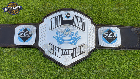 SCW Custom Friday Championship Title Belt HD CNC chrome plates with black leather strap and snap closure Designed by Royal Belts