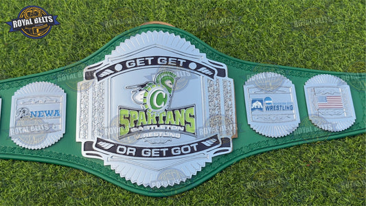 SPARTANS Championship Title Belt with bold engraved center plate , green leather strap Manufacture by Royal Belts