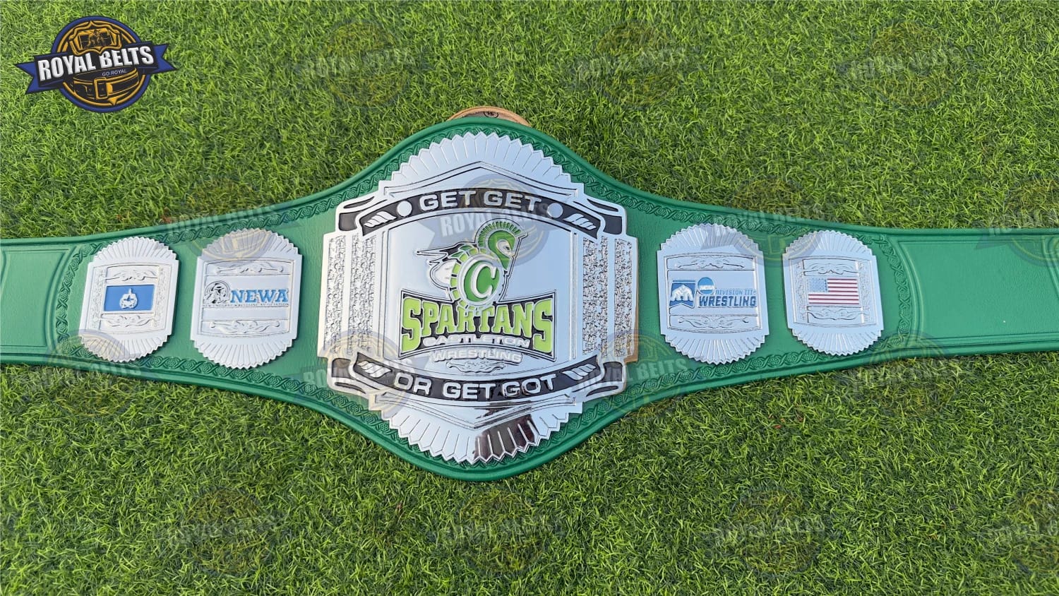 SPARTANS Championship Belt featuring warrior helmet logo , polished chrome finish Designed by Royal Belts