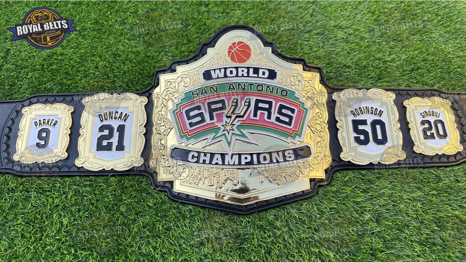 SPURS San Antonio Championship Title Belt with polished silver center plate and black leather strap Manufacture by Royal Belts