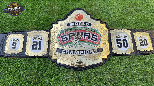 SPURS San Antonio Championship Title Belt with polished silver center plate and black leather strap Manufacture by Royal Belts