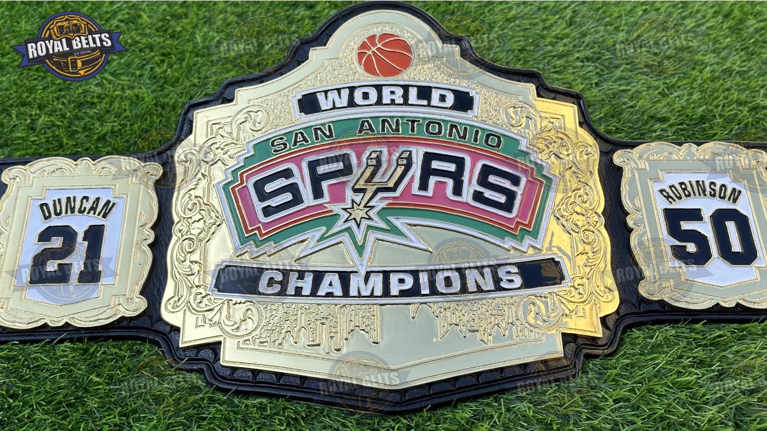 San Antonio Spurs Belt showcasing raised lettering and detailed engraving Made by Royal Belts