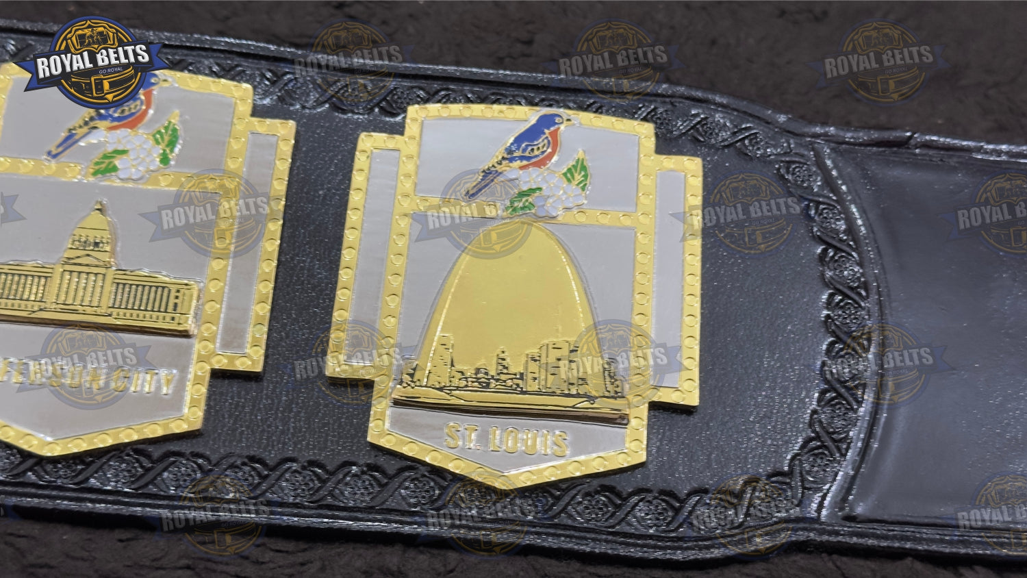 SSW Title Belt stacked plated wrestling championship with engraved center and side plates