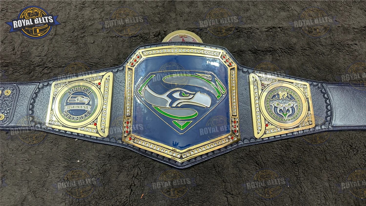 Seattle Seahawks custom wrestling belt with team logo center plate, gold plated metal, black leather strap Made by Royal Belts