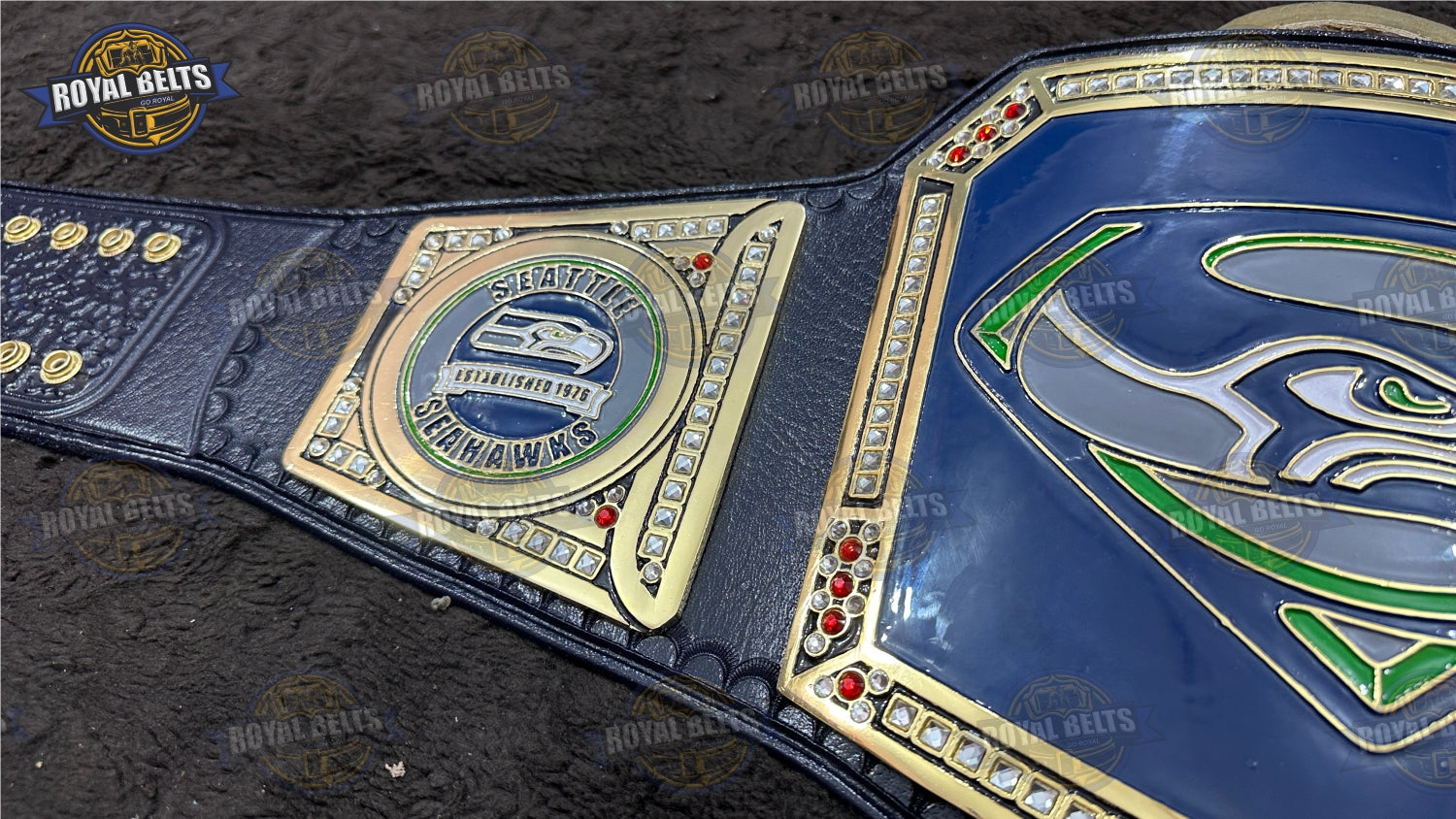 Custom Seattle Seahawks wrestling belt with raised logo emblem, mirror polished plates, stitched leather