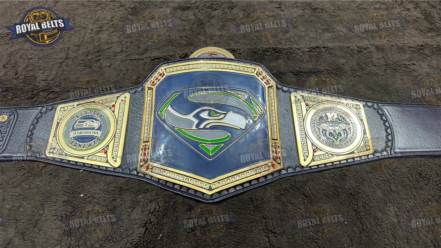 Seattle Seahawks title belt showcasing detailed team logo, premium gold metal plates, adjustable leather strap