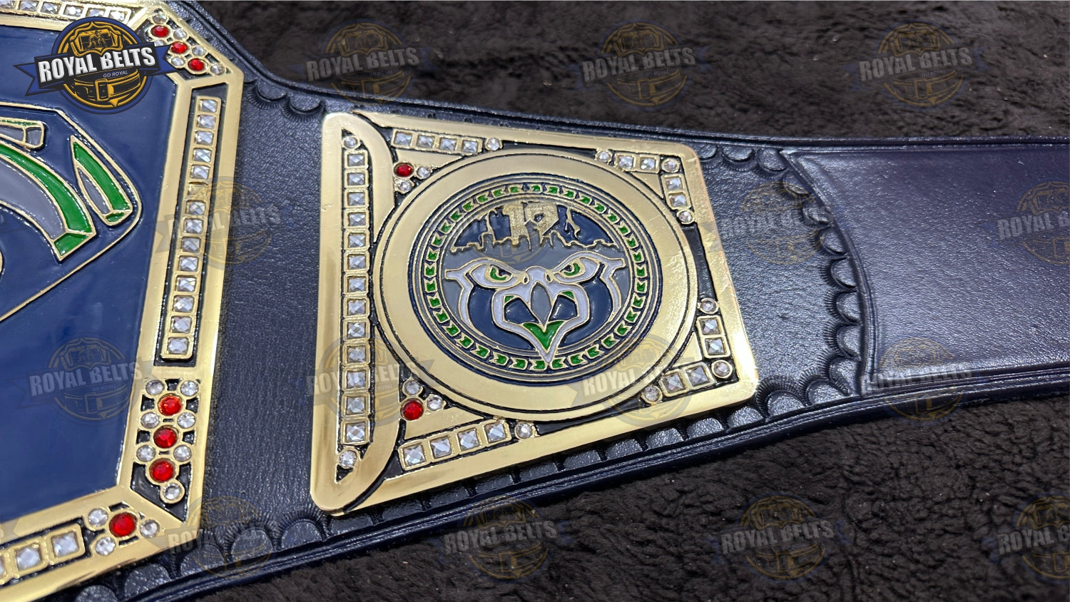 Seattle Seahawks wrestling championship belt with oversized center plate, gold tone metal, snap closure