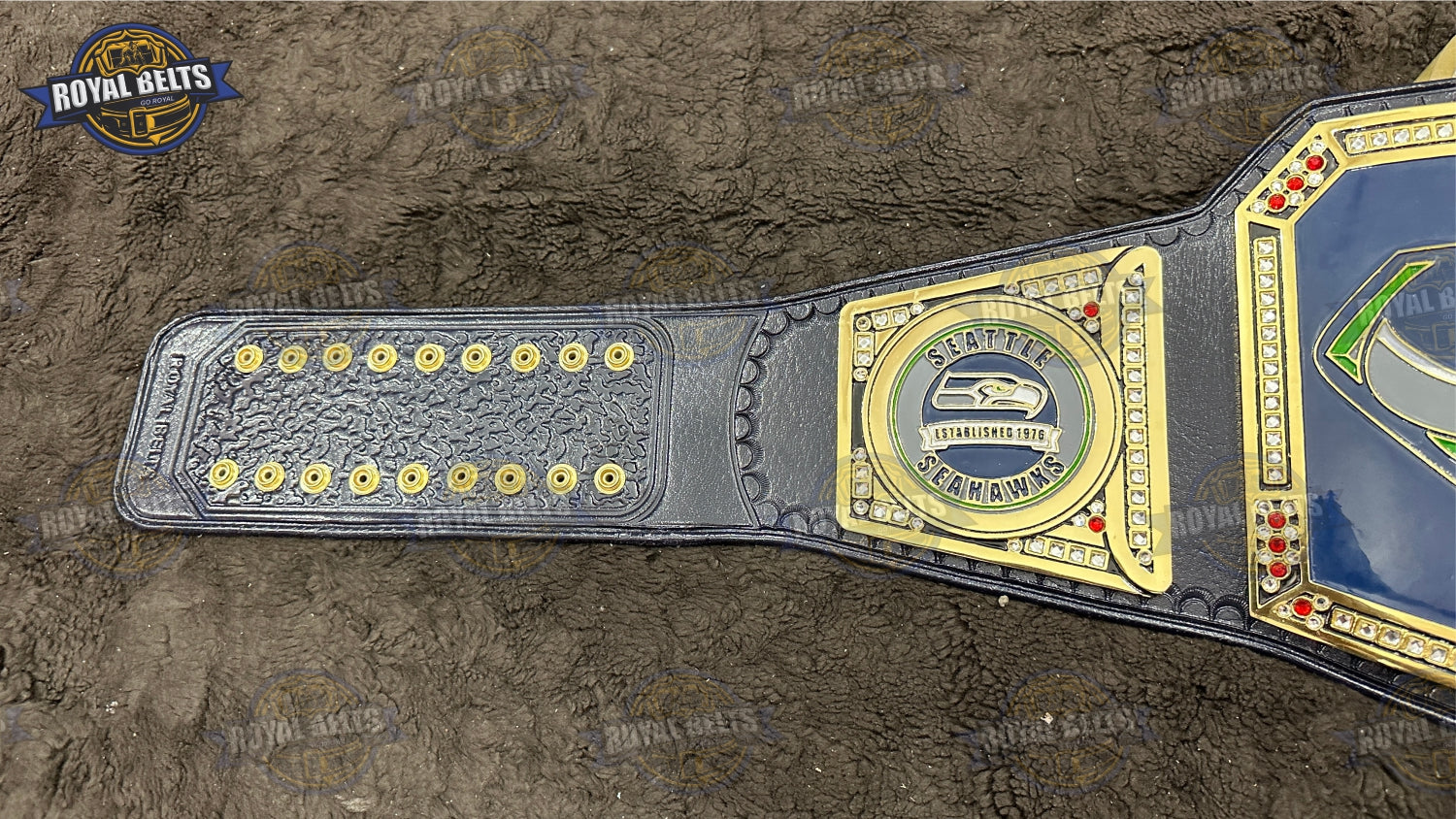 Custom Seattle Seahawks title belt featuring precision etched logo, smooth gold plates, genuine leather