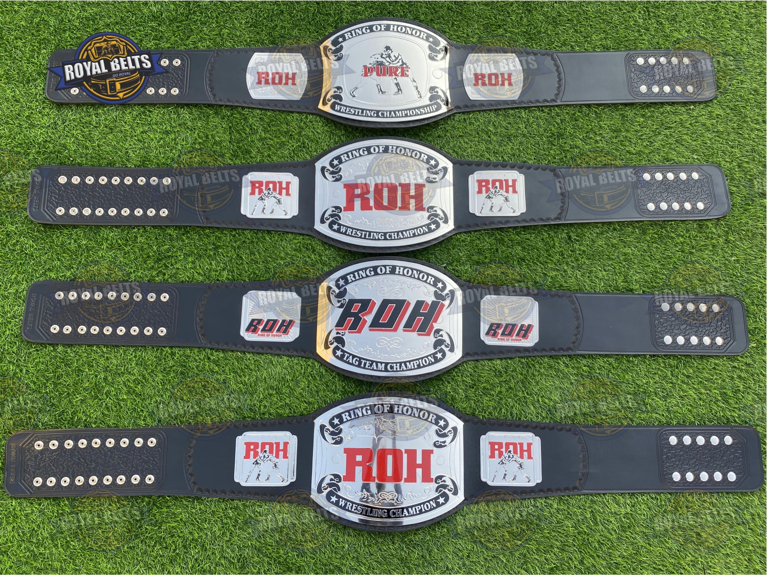 Set of 3 ROH Championship Title Belts brass plated plates with black stitched leather straps, polished finish Crafted by Royal Belts