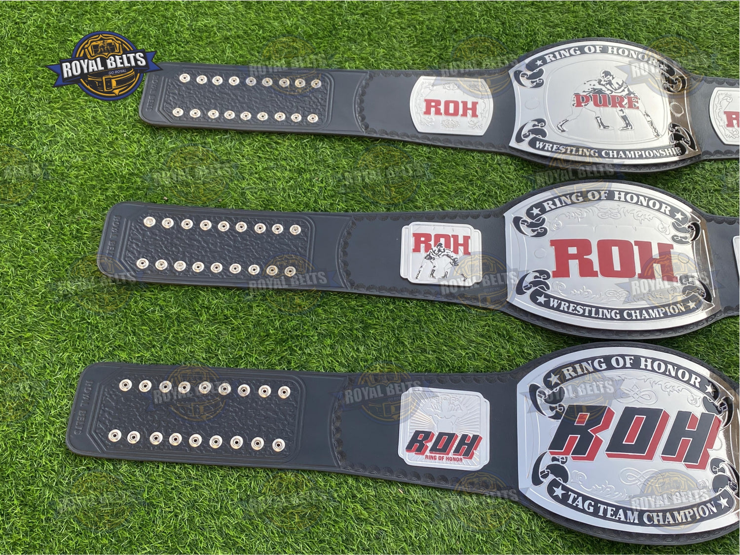 Set of 3 ROH Title Belts brass center plates with etched side logos and polished metal detailing