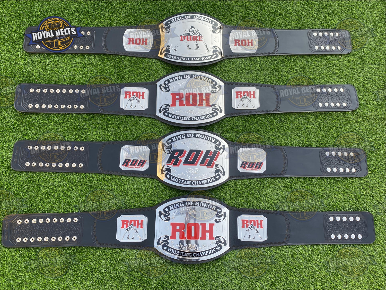 ROH Championship Belt Set of 3 CNC engraved brass plates with beveled edges and snap closure Crafted by Royal Belts