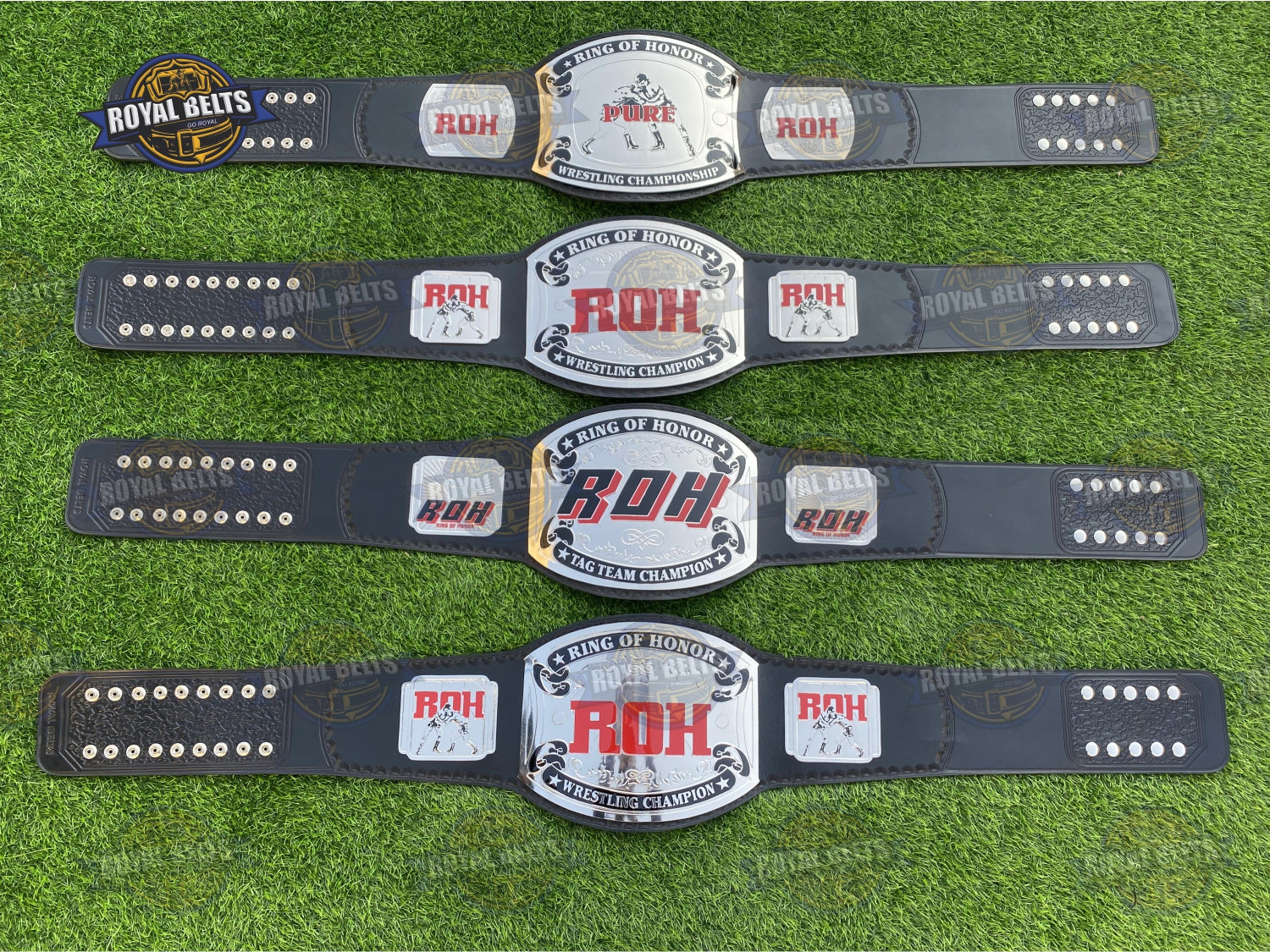 Set of 3 ROH Title Belts layered brass center and side plates with smooth leather backing Crafted by Royal Belts