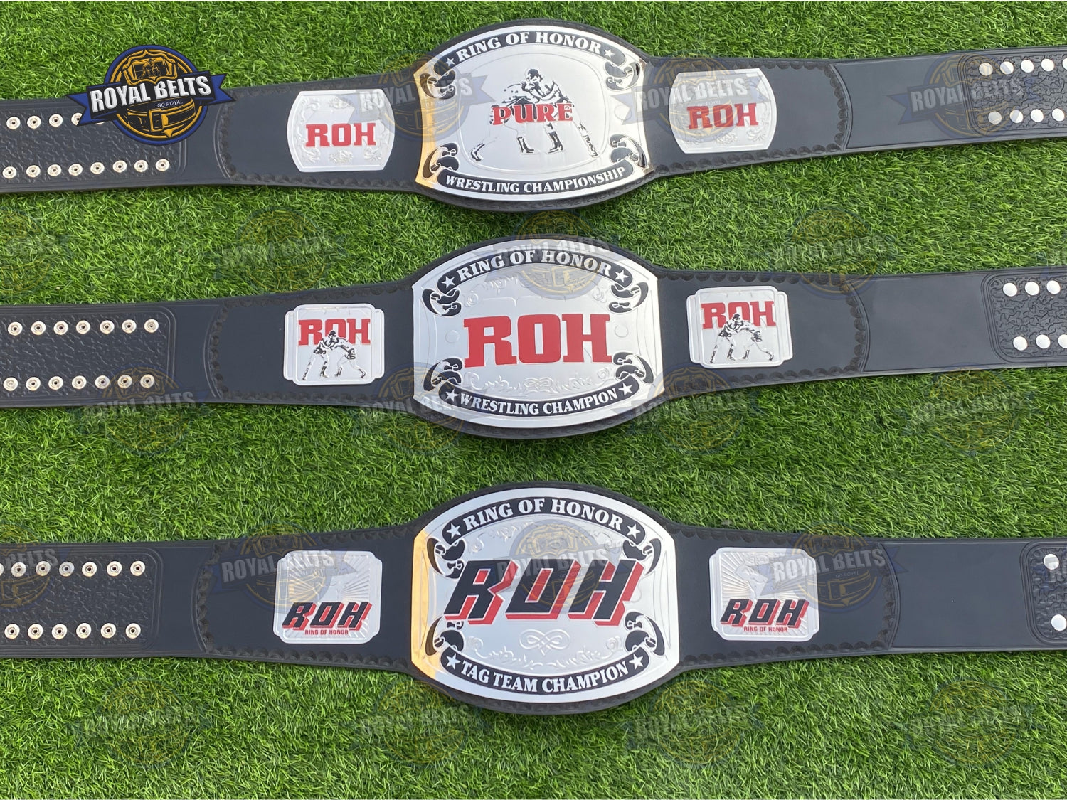 ROH Brass Plated Championship Belt Set bold engraved logos with premium stitched straps