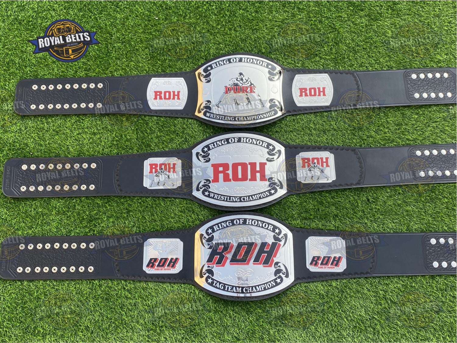 Set of 3 ROH Championship Belts high relief brass center plates with detailed side plate engraving