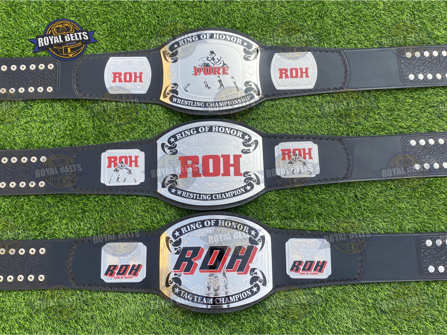 ROH Championship Belt Set multi layered brass plates with embossed logos and adjustable leather straps