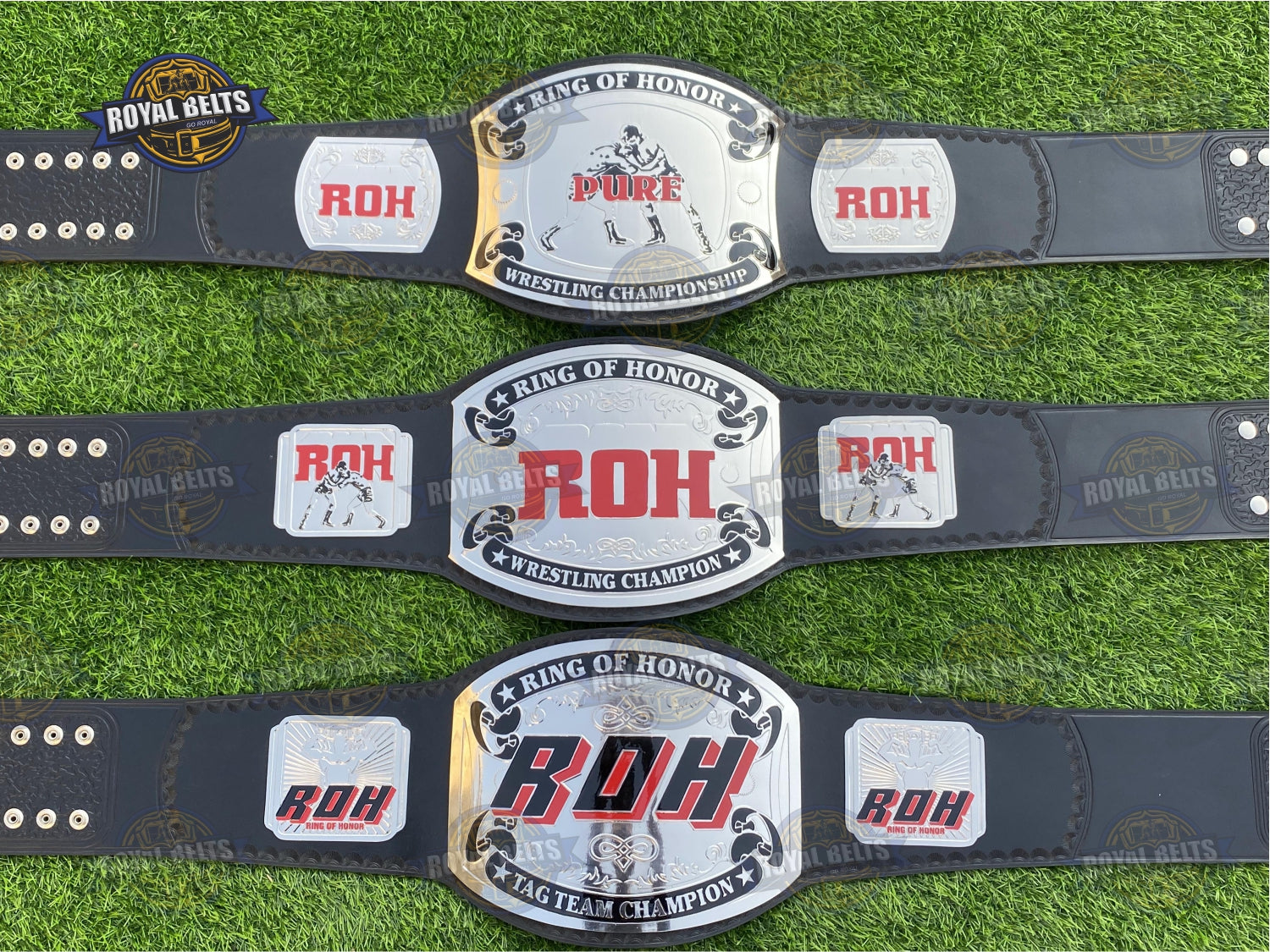 Set of 3 ROH Title Belts polished brass metal with contoured side plates and snap fasteners