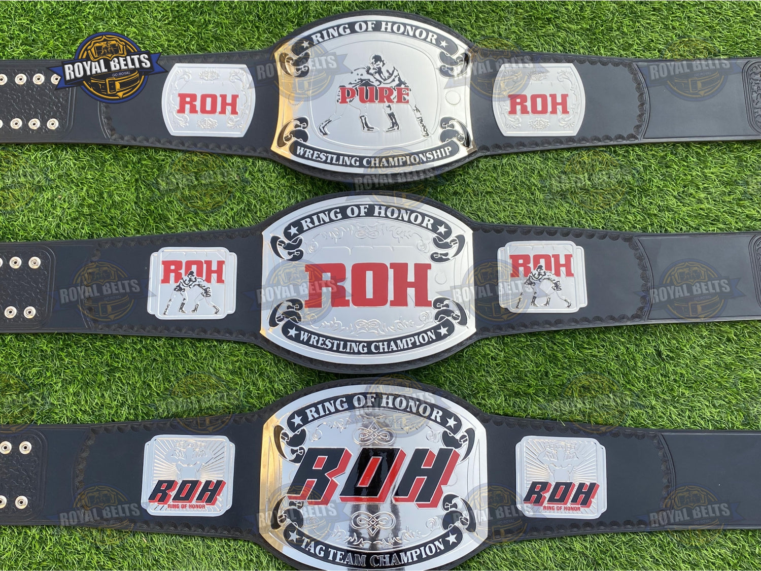 ROH Brass Championship Belt Set dual tiered center and side plates with stitched leather backing