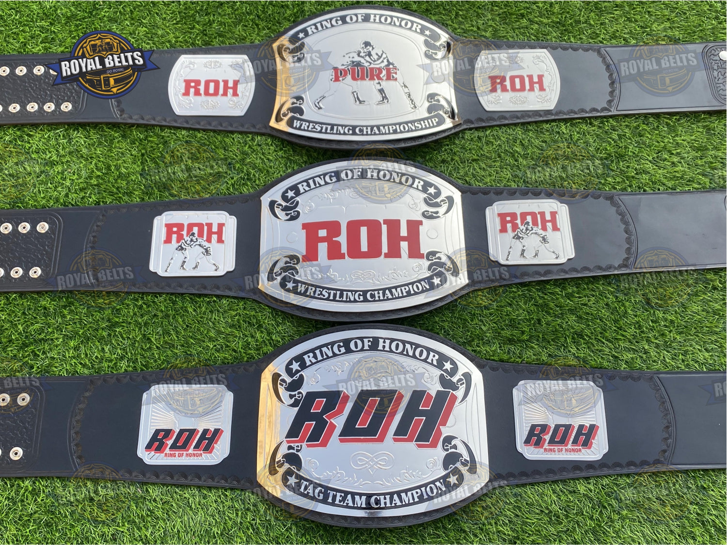 Set of 3 ROH Championship Belts engraved brass plates with beveled edges and reinforced leather
