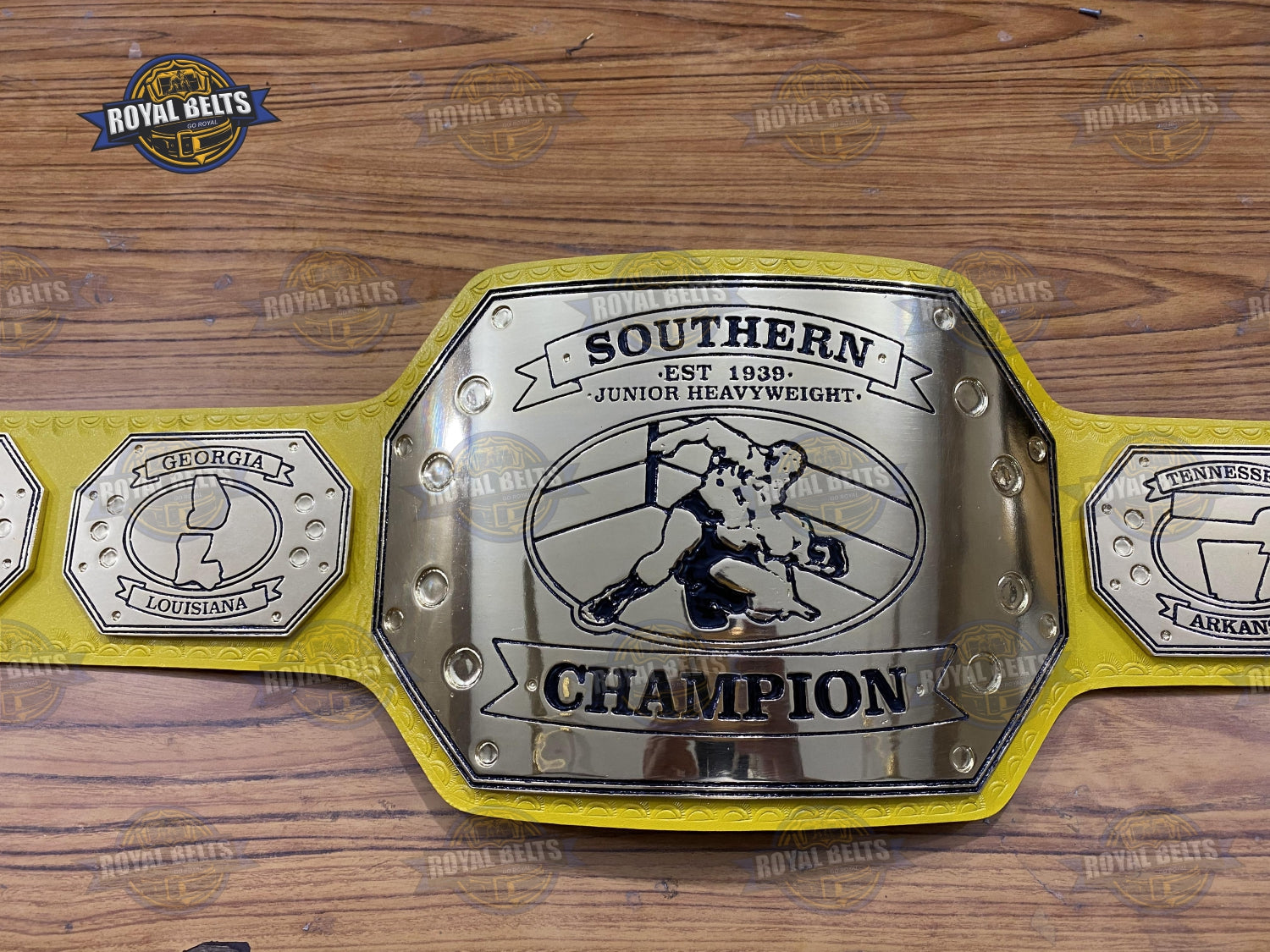 Southern Wrestling Championship Title Belt with polished chrome center plate, yellow leather strap Manufacture by Royal Belts