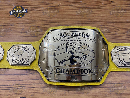 Southern Wrestling Championship Title Belt with polished chrome center plate, yellow leather strap Manufacture by Royal Belts