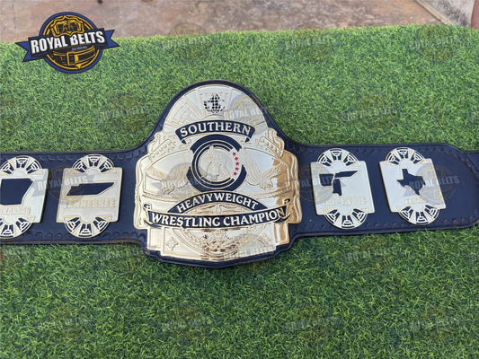 Southern Heavyweight Wrestling Championship Title Belt HD CNC gold center plate with black leather strap and snap closure Manufacture by Royal Belts