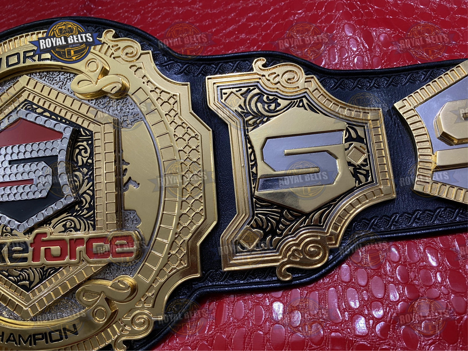 Triple stacked MMA belt with mirror polished gold center, thick stitched leather strap