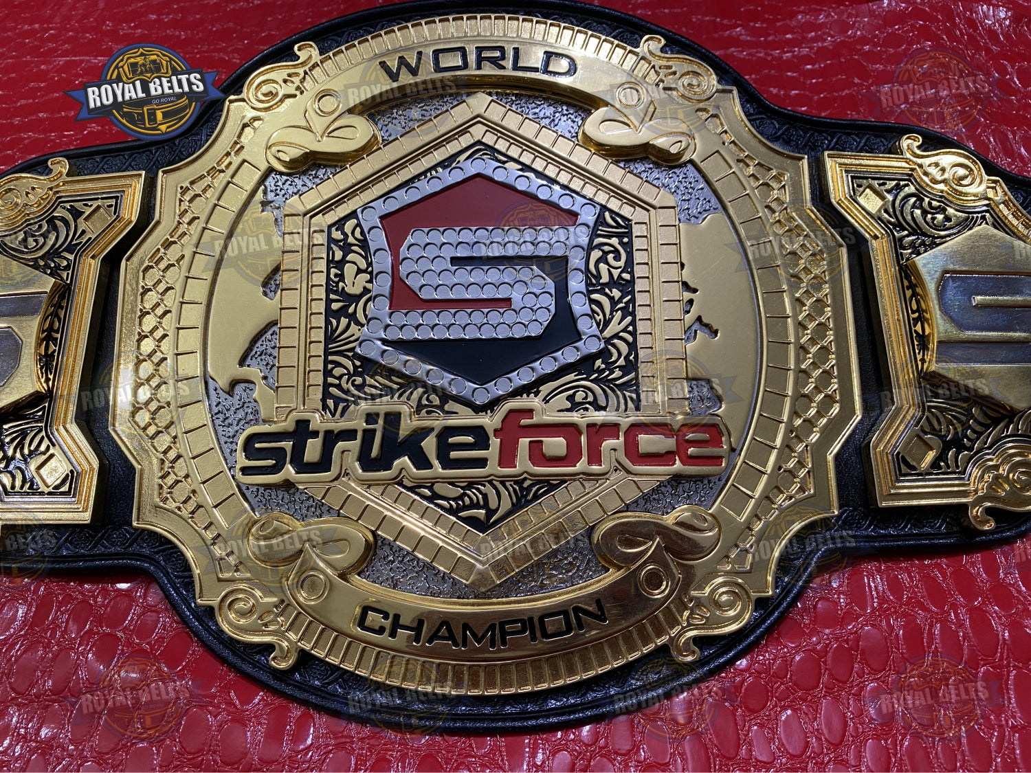 MMA World Championship belt featuring layered gold plates, mirror polished finish, stitched leather backing Manufacture by Royal Belts