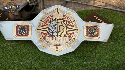 TCW No Limits Custom Championship HD CNC Title Belt with polished gold center plate and white leather strap Manufacture by Royal Belts