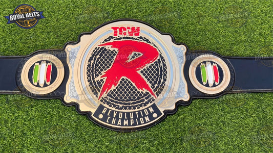 TCW Revolution Title HD CNC Belt with polished gold center plate and black leather strap Manufacture by Royal Belts