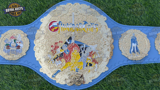 THUNDERCATS Championship Title Belt with polished gold center plate and blue leather strap Manufacture by Royal Belts