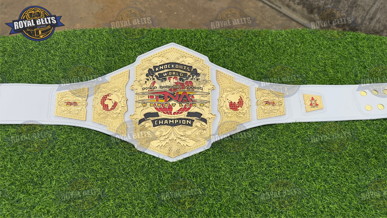 TNA World Championship Belt featuring engraved logo and mirror gold centerpiece Designed by Royal Belts