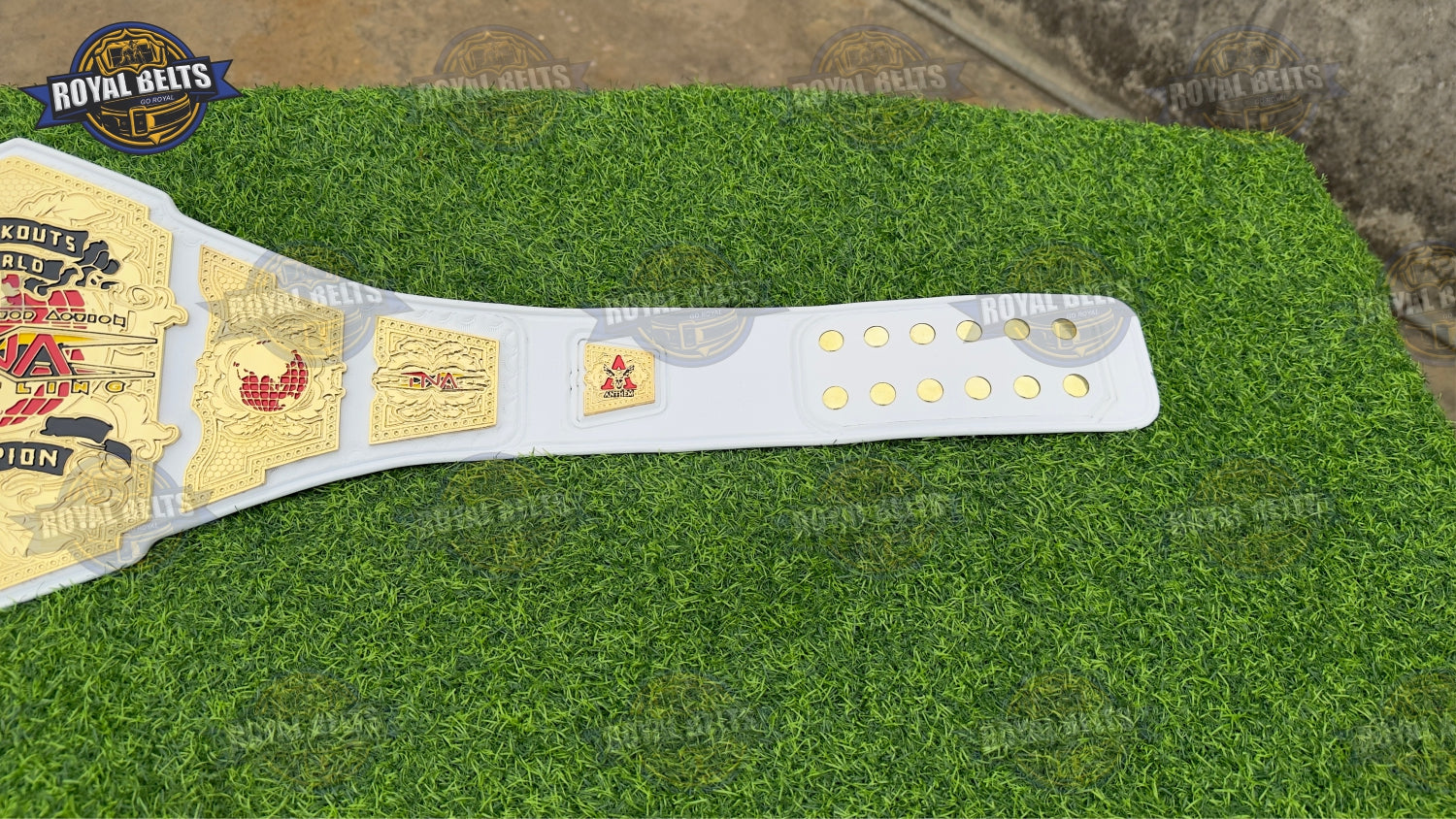 TNA Knockouts World Wrestling Title Belt featuring high detail gold plates and white leather strap